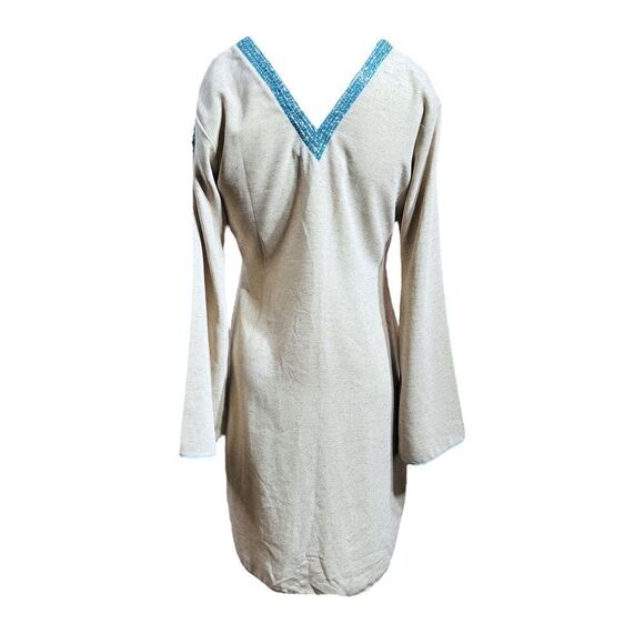 NEW MASHAL Pakistan Cream Linen Tunic Dress Short Turquoise 3/4 Sleeve Womens M - Picture 2 of 9